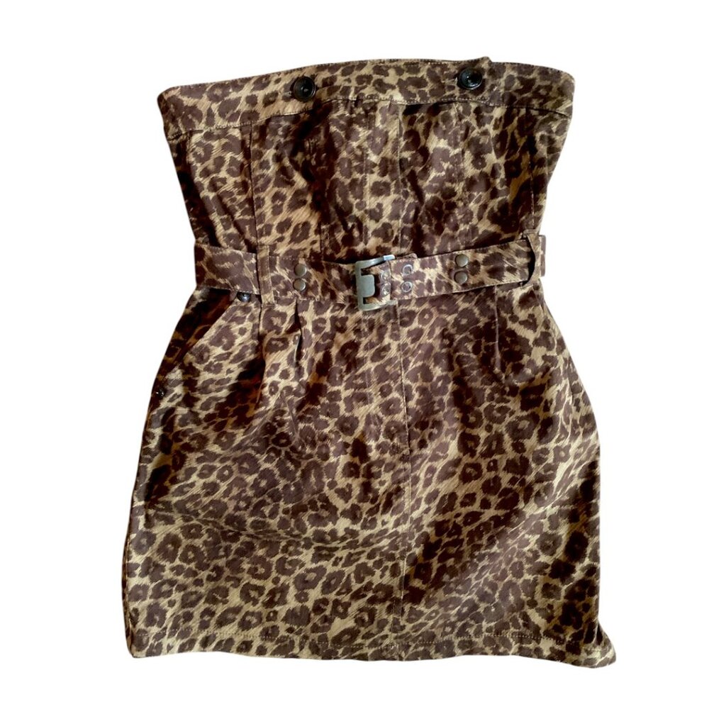 Vintage Y2K Plein Sud Strapless Dress Leopard Belted Denim Mini Dress Size 38- S